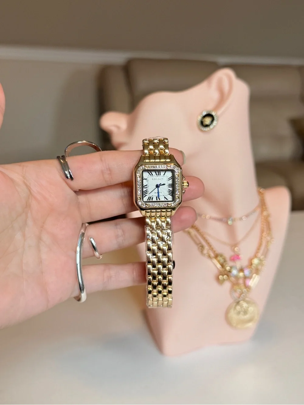 Gold Women's Watch with Crystals